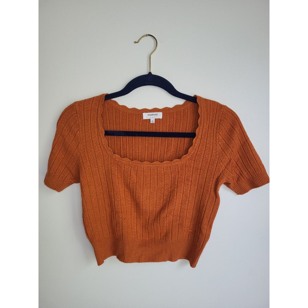 Burnt Orange Scalloped Square Neck Knit Crop Top | Short Sleeve Rust Sweater